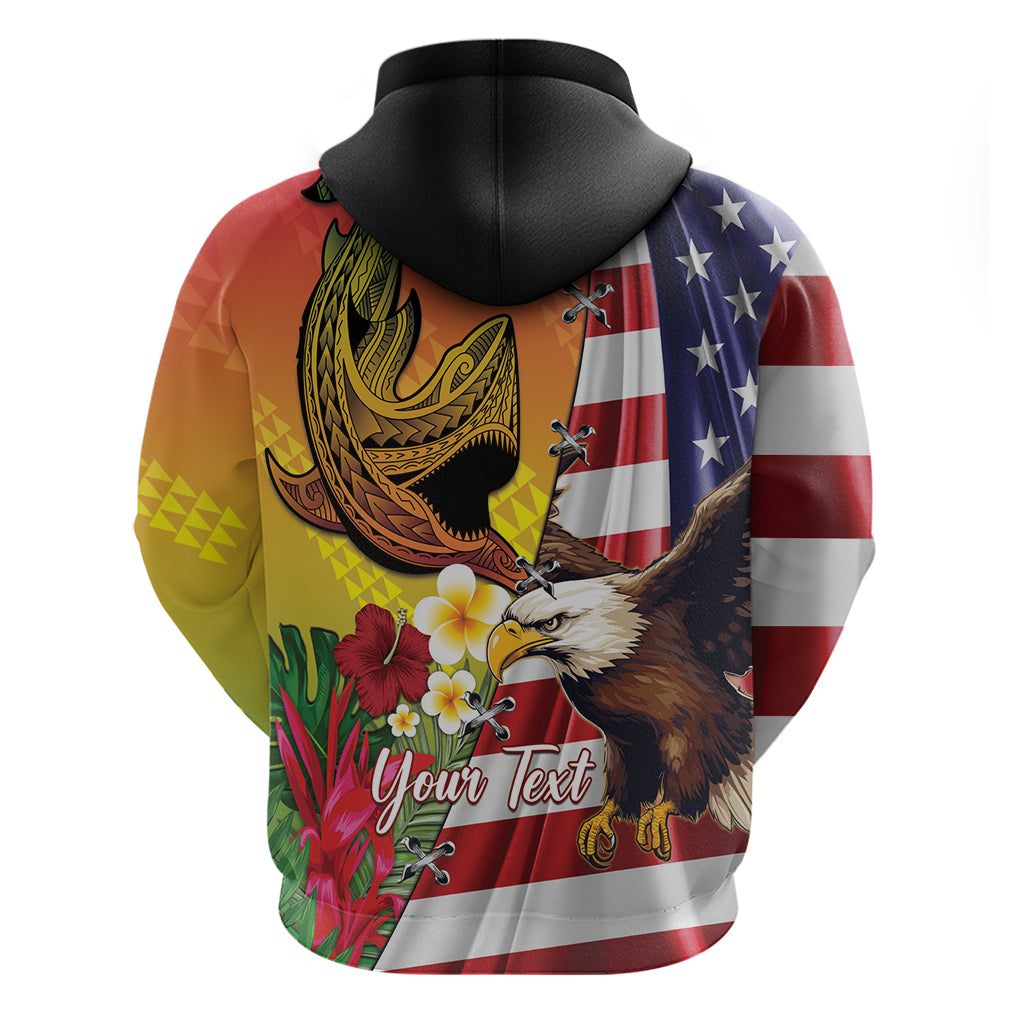 Personalised United States And Hawaii Zip Hoodie USA Eagle With Hawaiian Shark Tattoo