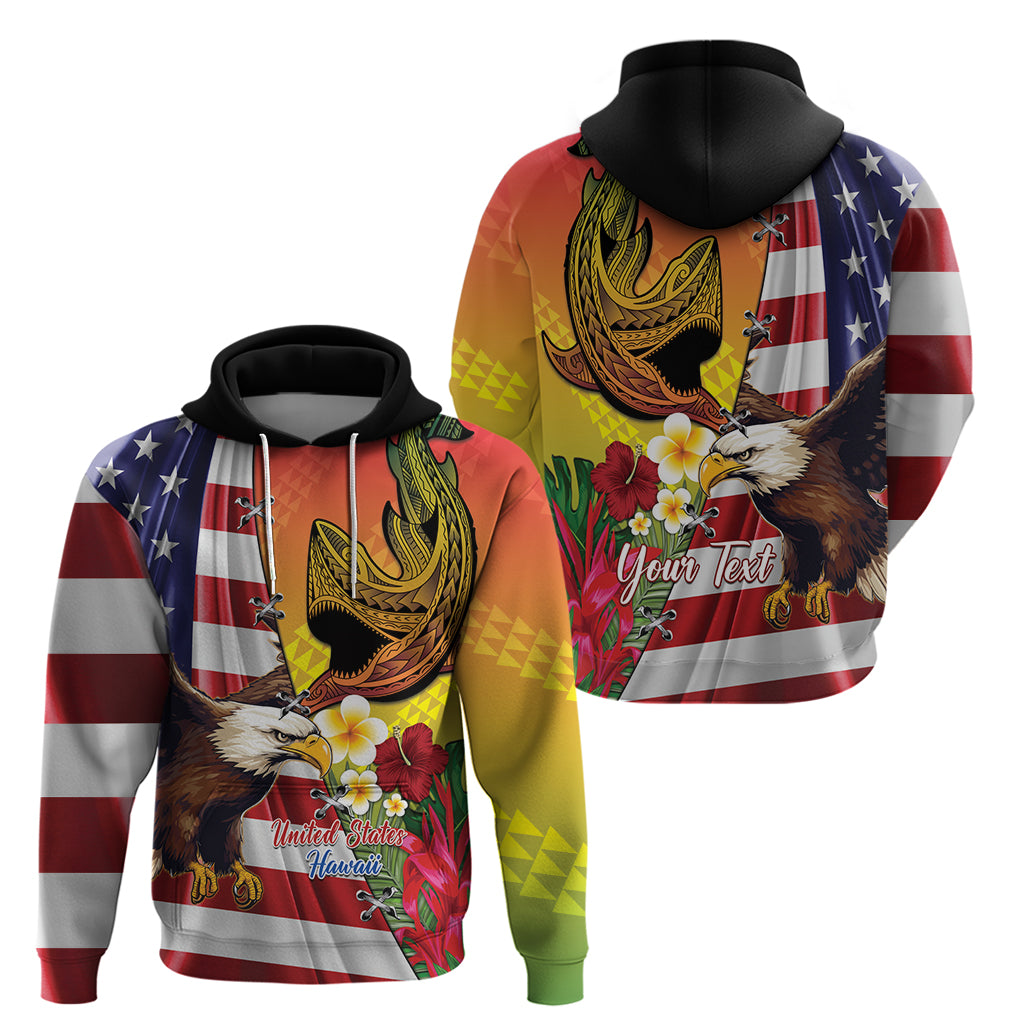 Personalised United States And Hawaii Zip Hoodie USA Eagle With Hawaiian Shark Tattoo