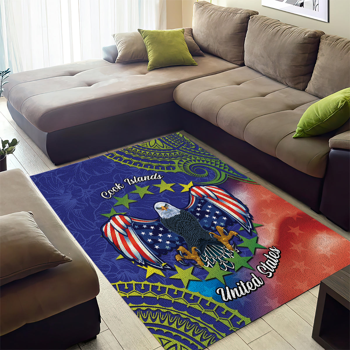 Personalised United States And Cook Islands Area Rug USA Eagle Mix Polynesian Pattern