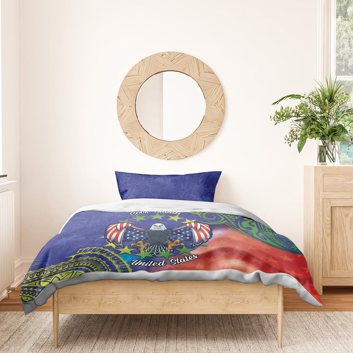 Personalised United States And Cook Islands Bedding Set USA Eagle Mix Polynesian Pattern