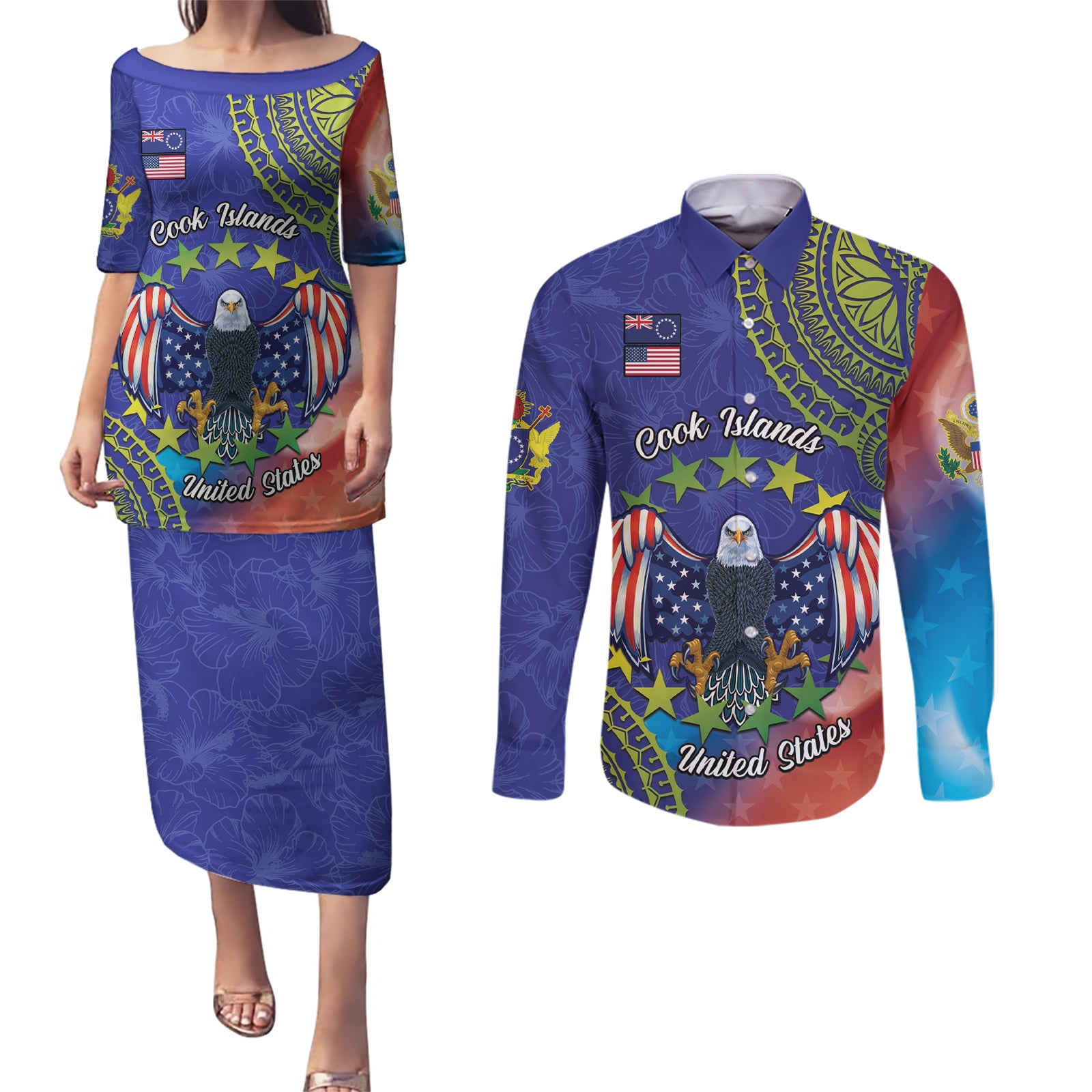 Personalised United States And Cook Islands Couples Matching Puletasi and Long Sleeve Button Shirt USA Eagle Mix Polynesian Pattern
