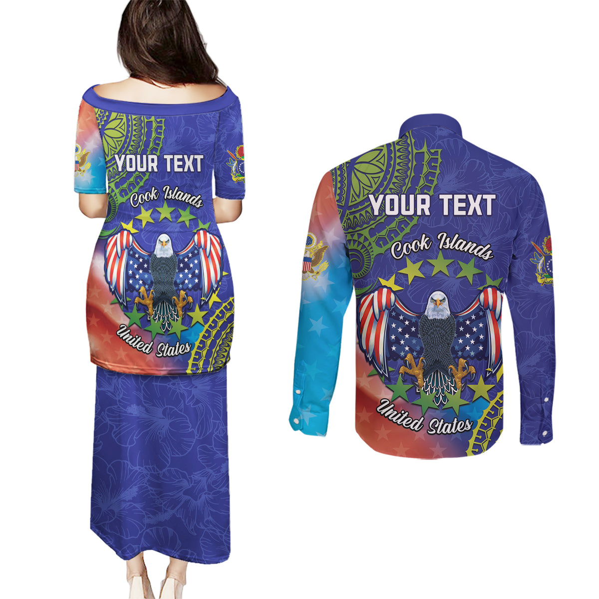 Personalised United States And Cook Islands Couples Matching Puletasi and Long Sleeve Button Shirt USA Eagle Mix Polynesian Pattern