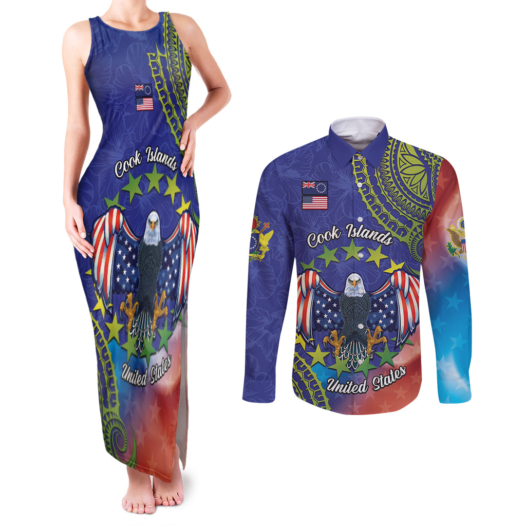 Personalised United States And Cook Islands Couples Matching Tank Maxi Dress and Long Sleeve Button Shirt USA Eagle Mix Polynesian Pattern