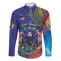 Personalised United States And Cook Islands Family Matching Mermaid Dress and Hawaiian Shirt USA Eagle Mix Polynesian Pattern LT14 Dad's Shirt - Long Sleeve Blue - Polynesian Pride