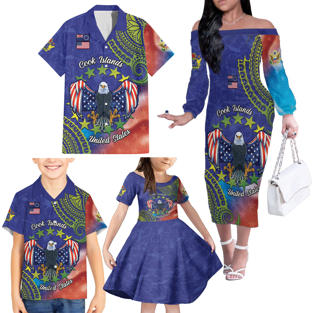Personalised United States And Cook Islands Family Matching Off The Shoulder Long Sleeve Dress and Hawaiian Shirt USA Eagle Mix Polynesian Pattern LT14 - Polynesian Pride