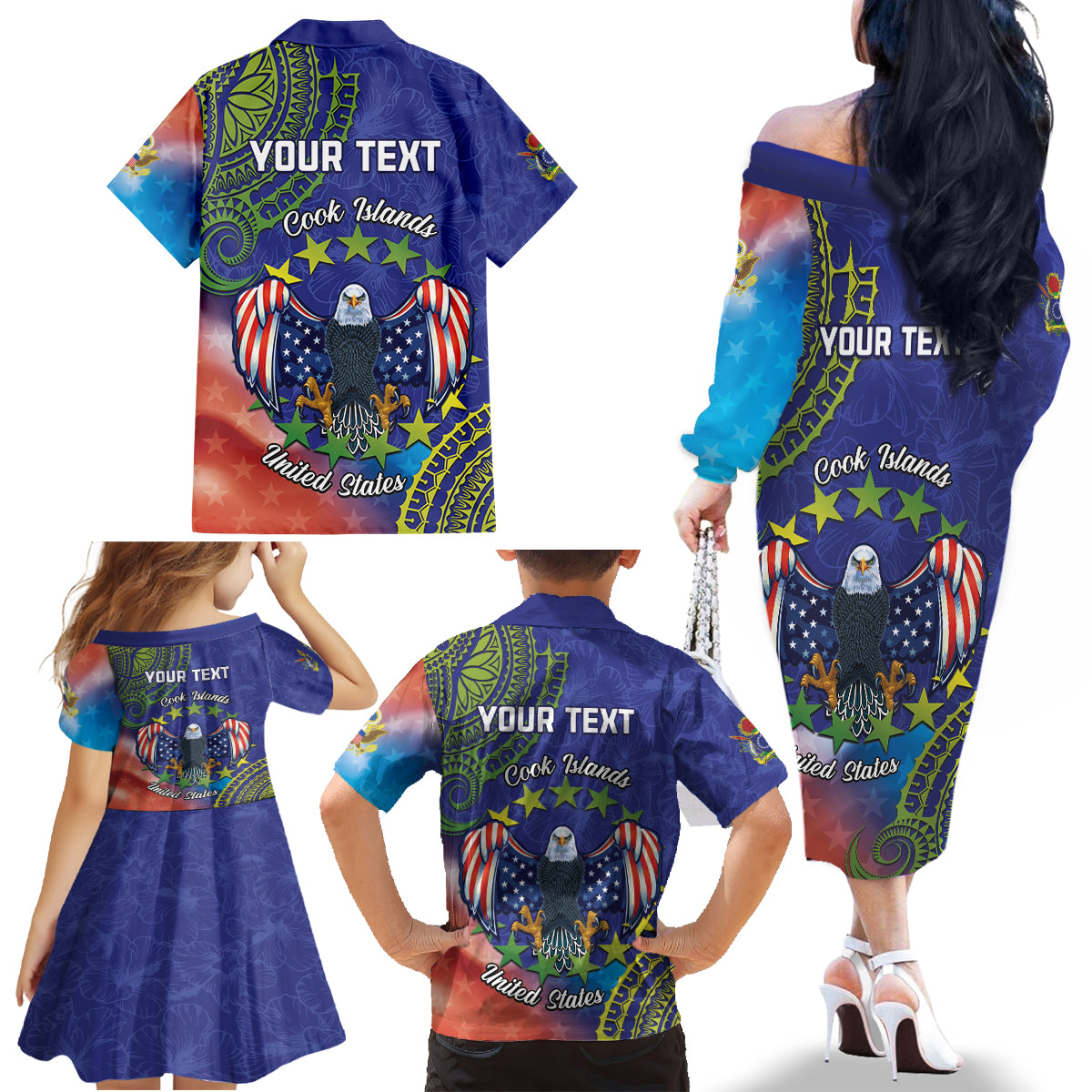 Personalised United States And Cook Islands Family Matching Off The Shoulder Long Sleeve Dress and Hawaiian Shirt USA Eagle Mix Polynesian Pattern LT14 - Polynesian Pride