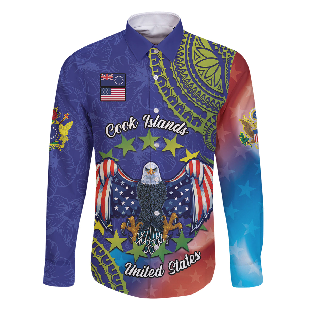 Personalised United States And Cook Islands Family Matching Off Shoulder Maxi Dress and Hawaiian Shirt USA Eagle Mix Polynesian Pattern LT14 Dad's Shirt - Long Sleeve Blue - Polynesian Pride