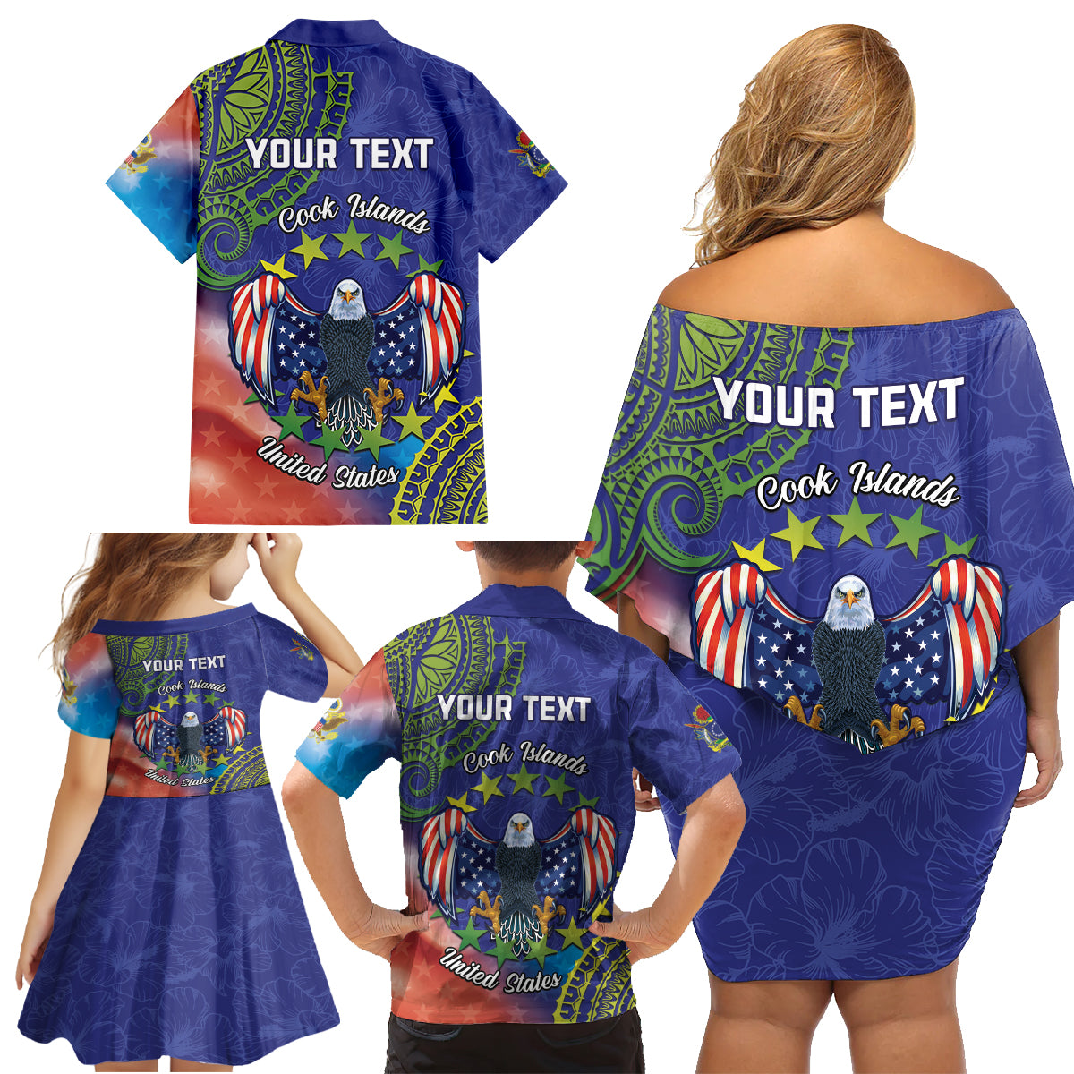 Personalised United States And Cook Islands Family Matching Off Shoulder Short Dress and Hawaiian Shirt USA Eagle Mix Polynesian Pattern LT14 - Polynesian Pride
