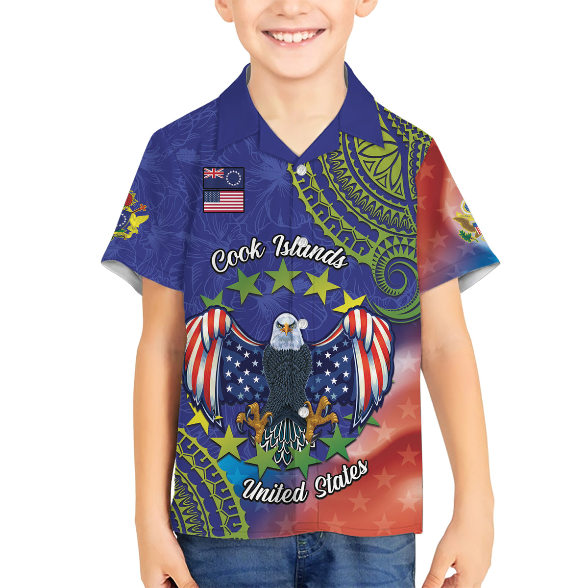 Personalised United States And Cook Islands Family Matching Short Sleeve Bodycon Dress and Hawaiian Shirt USA Eagle Mix Polynesian Pattern LT14 Son's Shirt Blue - Polynesian Pride