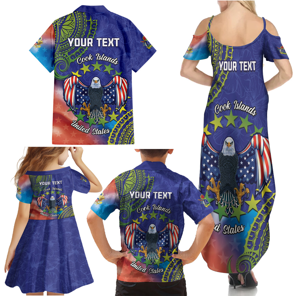 Personalised United States And Cook Islands Family Matching Summer Maxi Dress and Hawaiian Shirt USA Eagle Mix Polynesian Pattern LT14 - Polynesian Pride