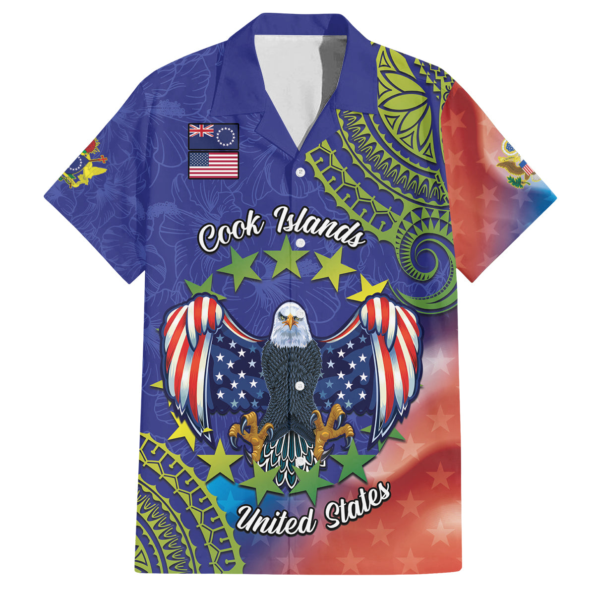 Personalised United States And Cook Islands Family Matching Summer Maxi Dress and Hawaiian Shirt USA Eagle Mix Polynesian Pattern LT14 Dad's Shirt - Short Sleeve Blue - Polynesian Pride