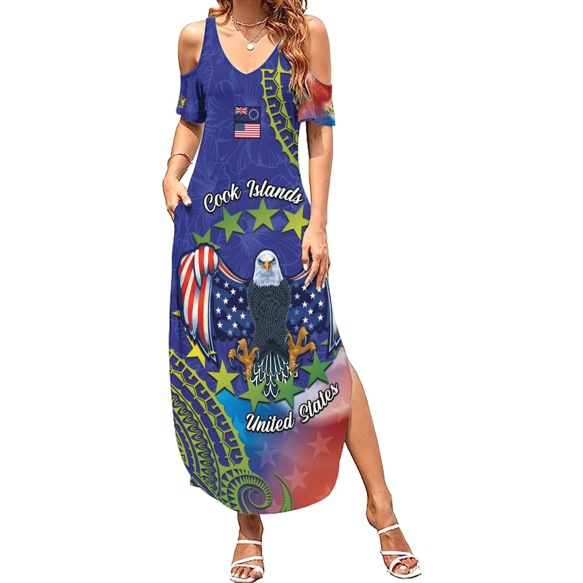 Personalised United States And Cook Islands Family Matching Summer Maxi Dress and Hawaiian Shirt USA Eagle Mix Polynesian Pattern LT14 Mom's Dress Blue - Polynesian Pride