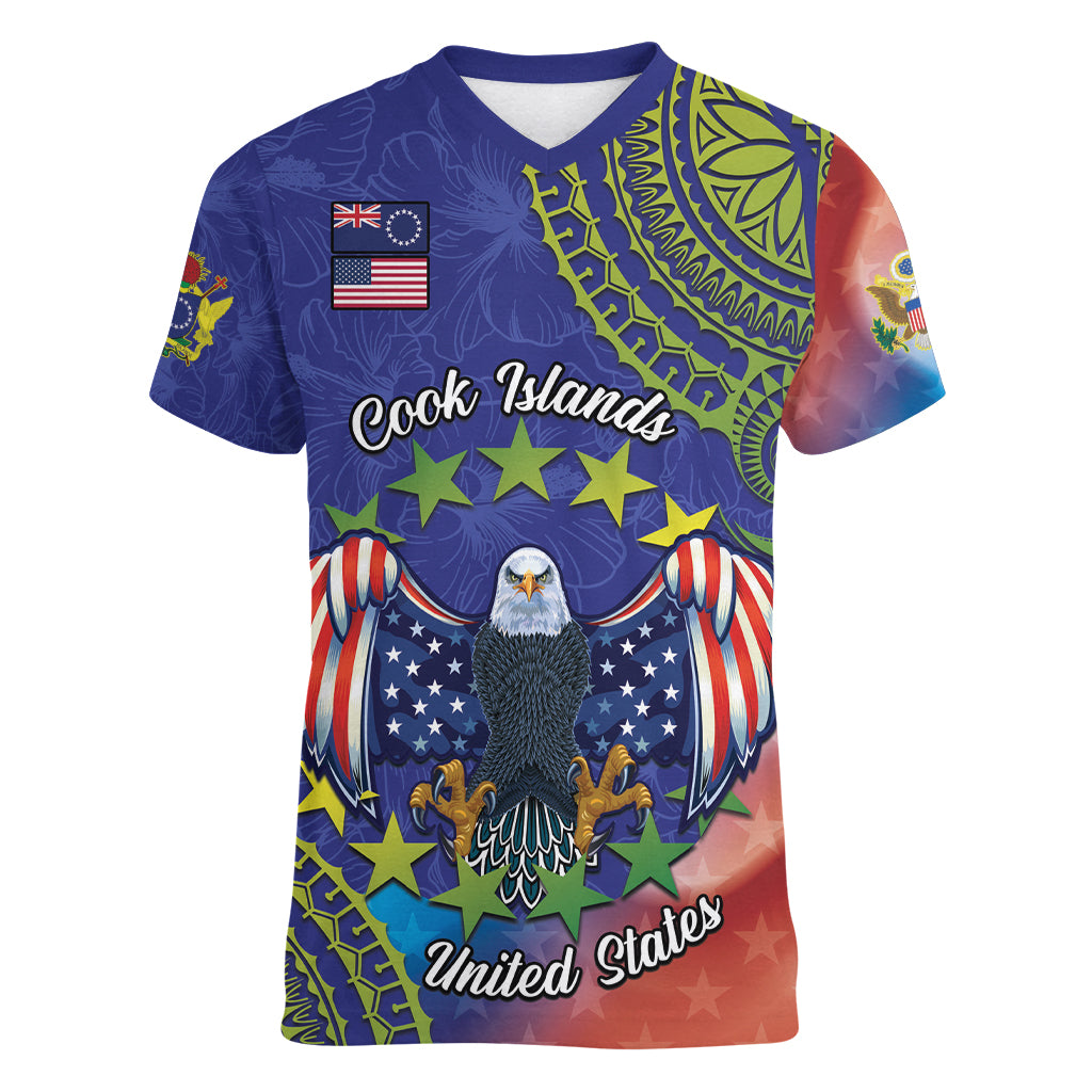 Personalised United States And Cook Islands Women V Neck T Shirt USA Eagle Mix Polynesian Pattern