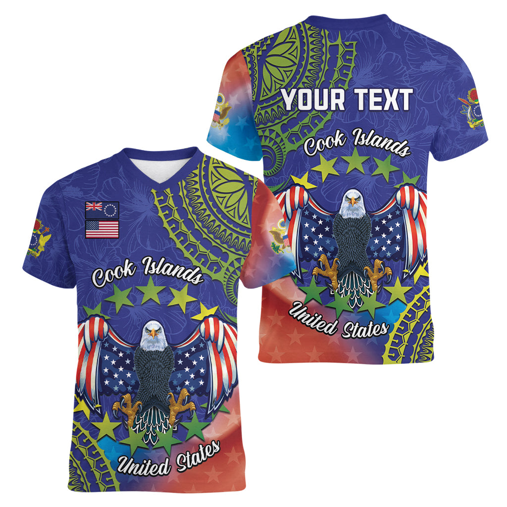 Personalised United States And Cook Islands Women V Neck T Shirt USA Eagle Mix Polynesian Pattern