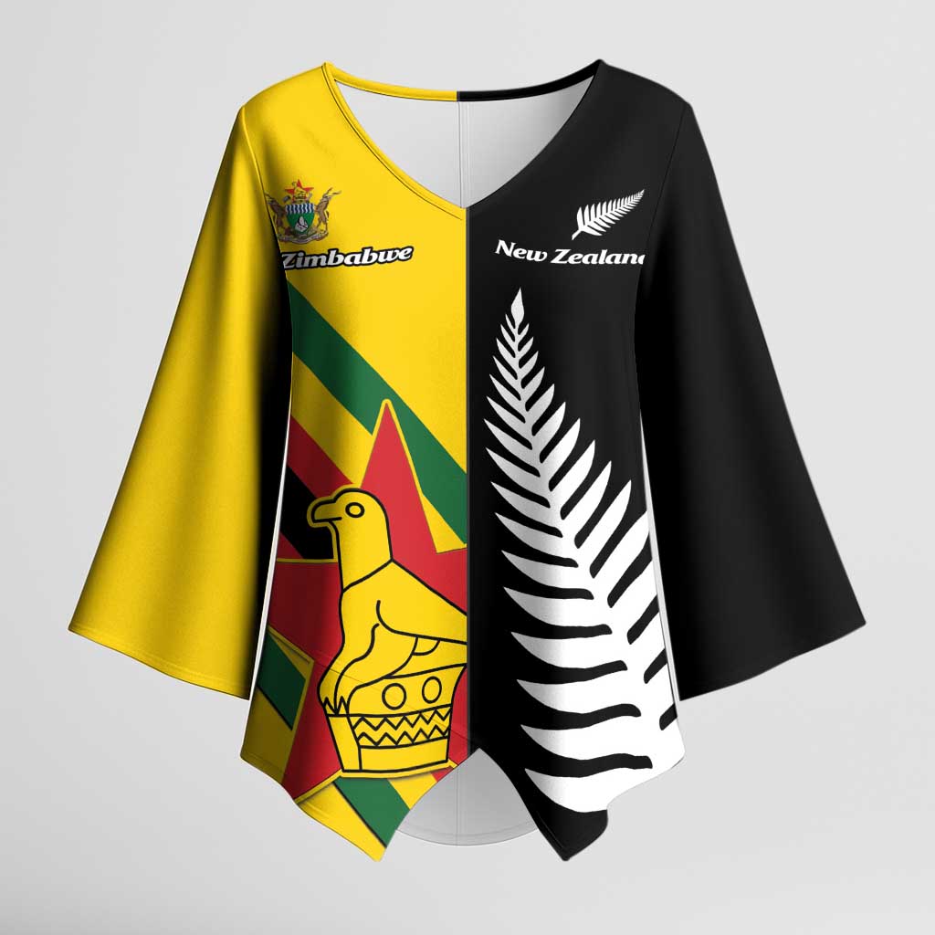 Custom New Zealand and Zimbabwe Kimono Sleeve Blouse NZ Fern Zim Flag Half Style