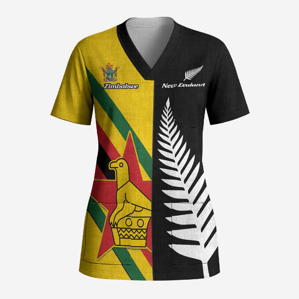 Custom New Zealand and Zimbabwe Scrub Top NZ Fern Zim Flag Half Style