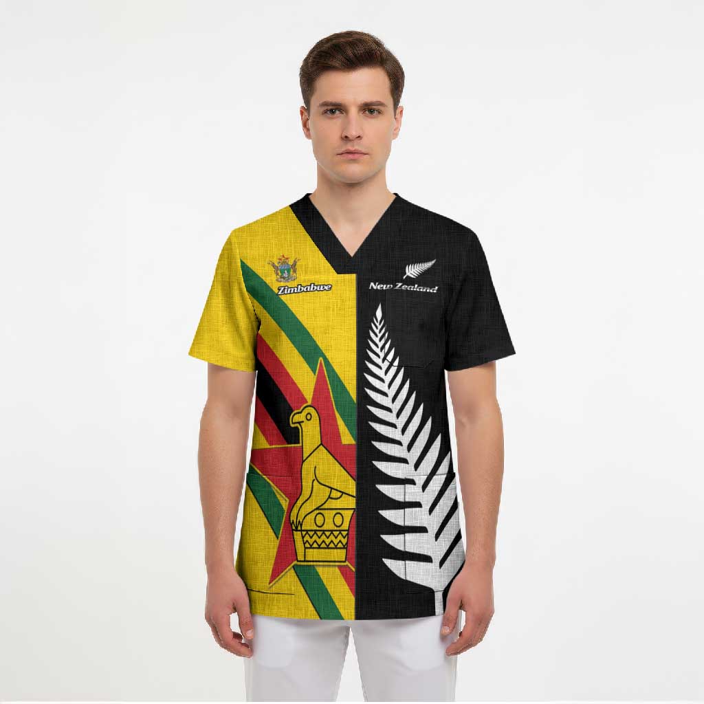 Custom New Zealand and Zimbabwe Scrub Top NZ Fern Zim Flag Half Style