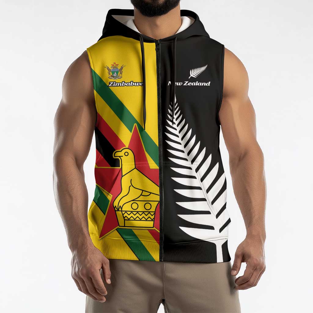 Custom New Zealand and Zimbabwe Sleeveless Zip Hoodie NZ Fern Zim Flag Half Style
