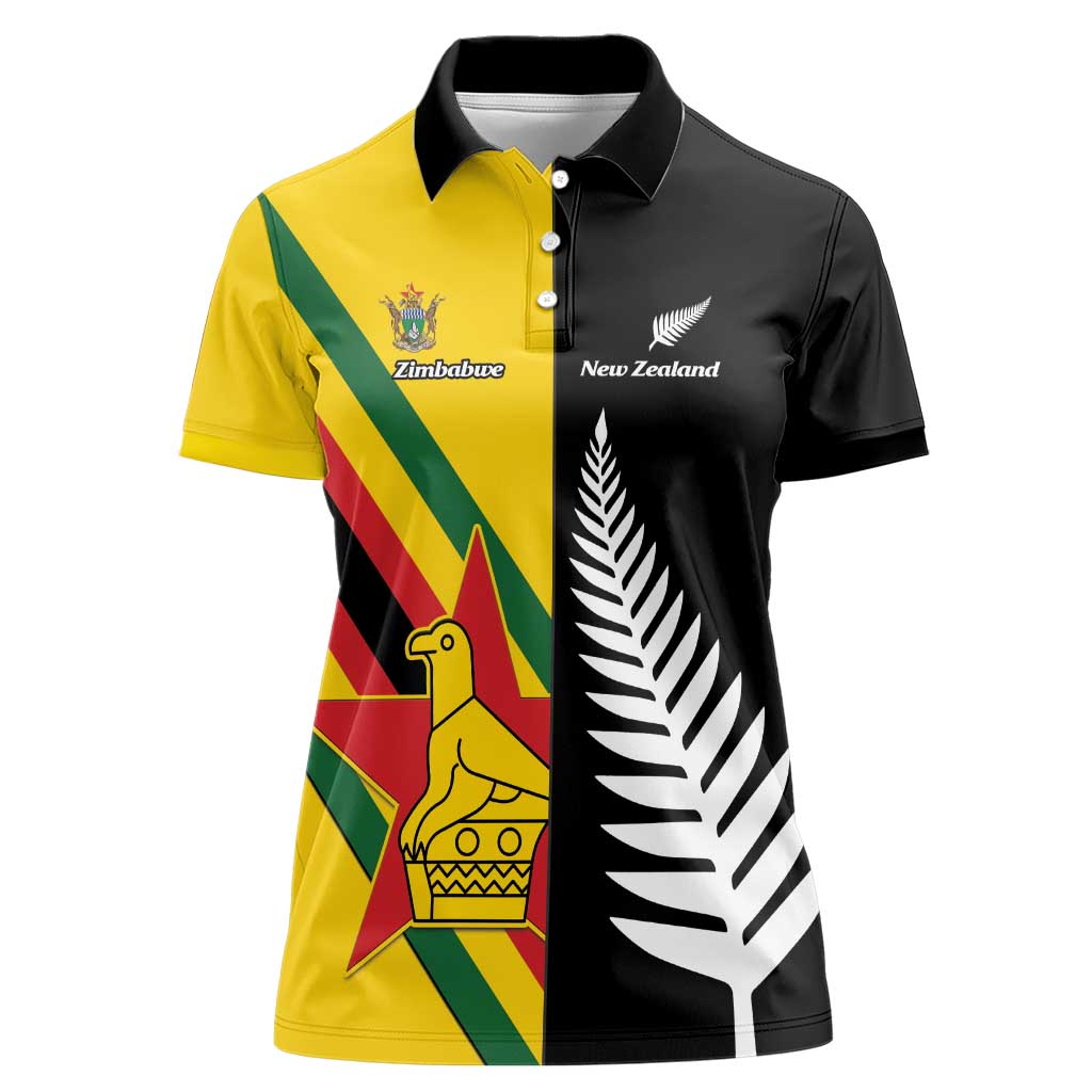 Custom New Zealand and Zimbabwe Women Polo Shirt NZ Fern Zim Flag Half Style LT14 Female Black - Polynesian Pride