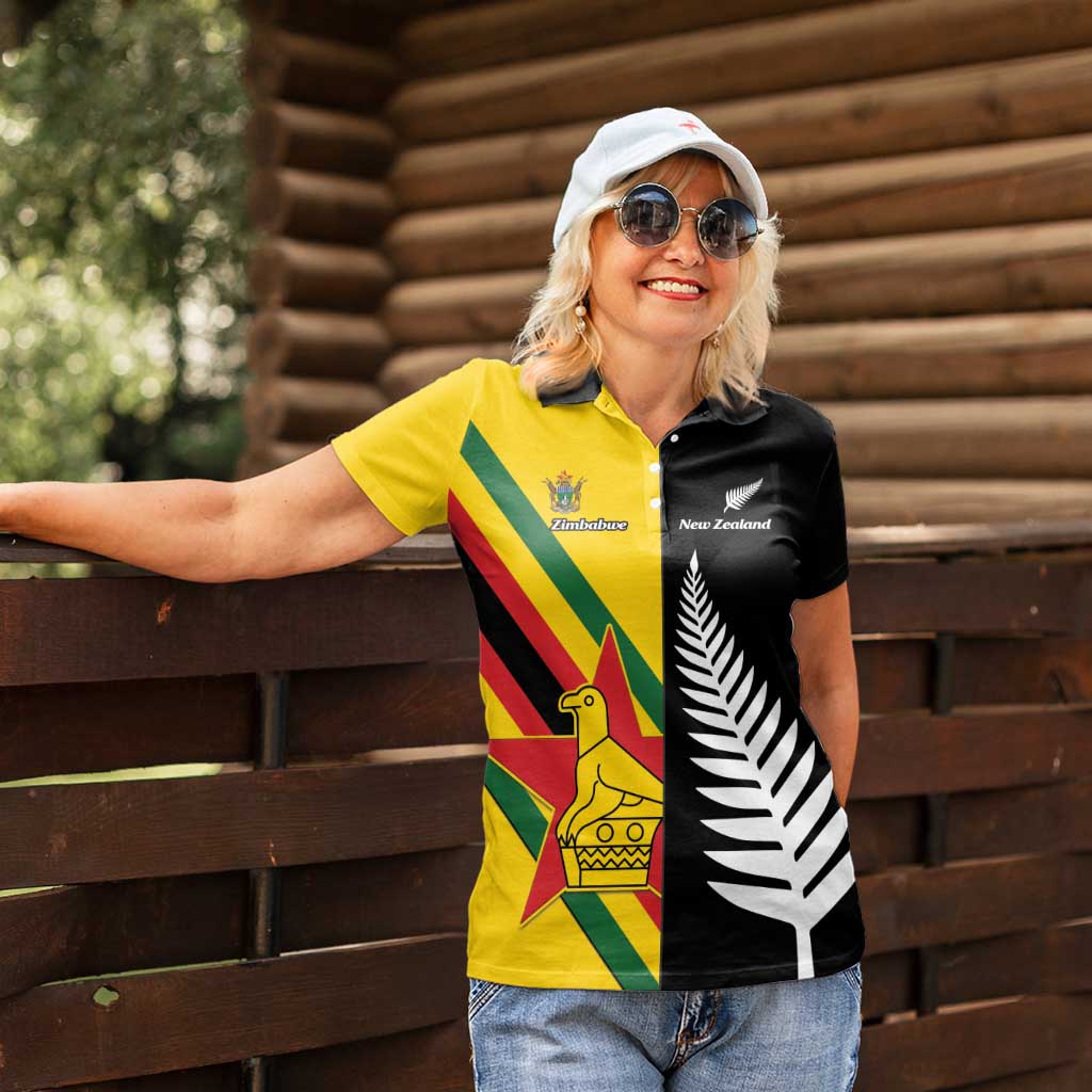 Custom New Zealand and Zimbabwe Women Polo Shirt NZ Fern Zim Flag Half Style LT14 - Polynesian Pride
