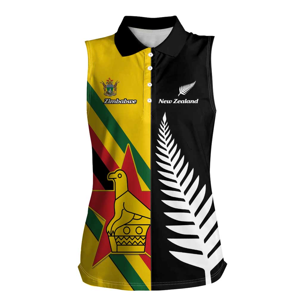 Custom New Zealand and Zimbabwe Women Sleeveless Polo Shirt NZ Fern Zim Flag Half Style