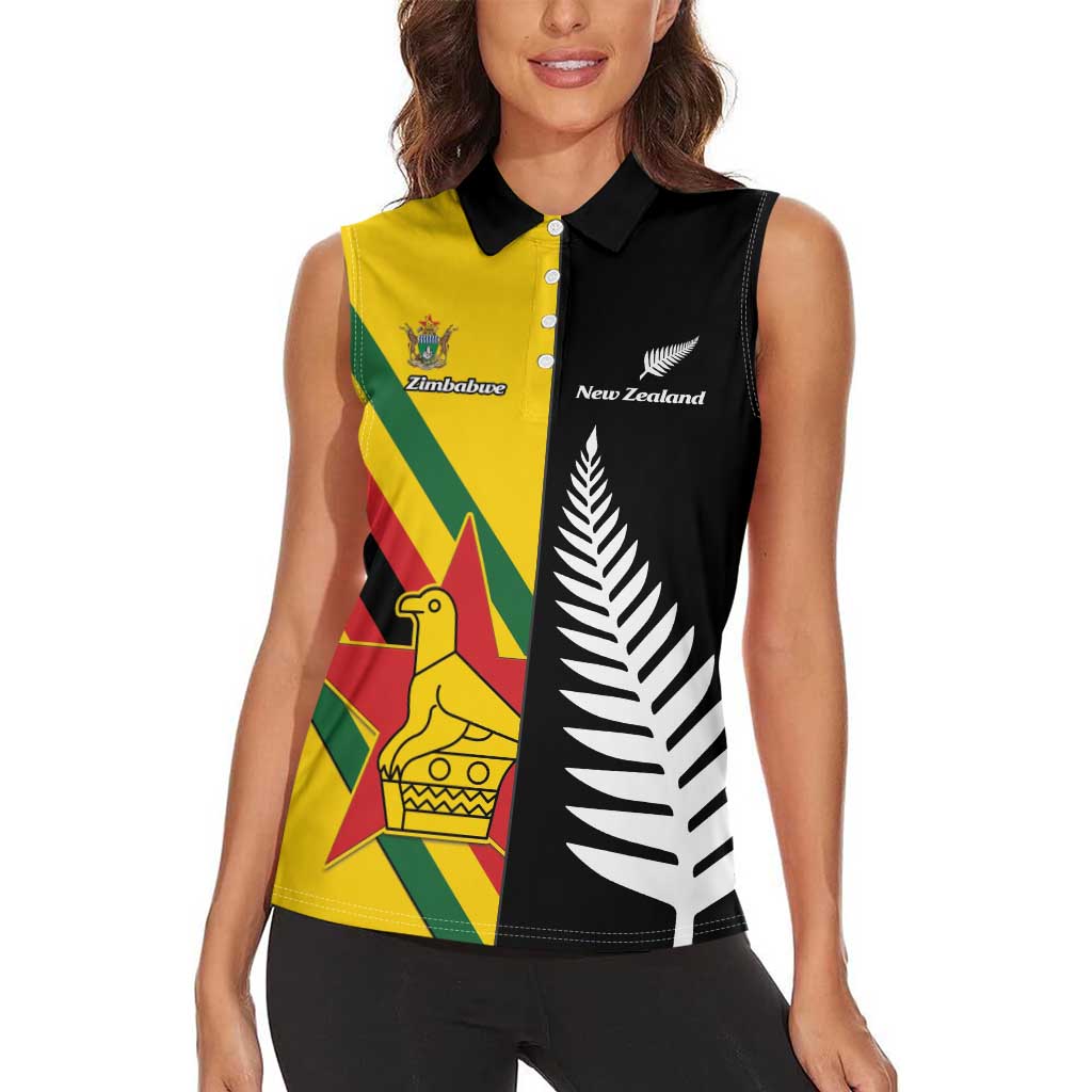 Custom New Zealand and Zimbabwe Women Sleeveless Polo Shirt NZ Fern Zim Flag Half Style LT14 - Polynesian Pride