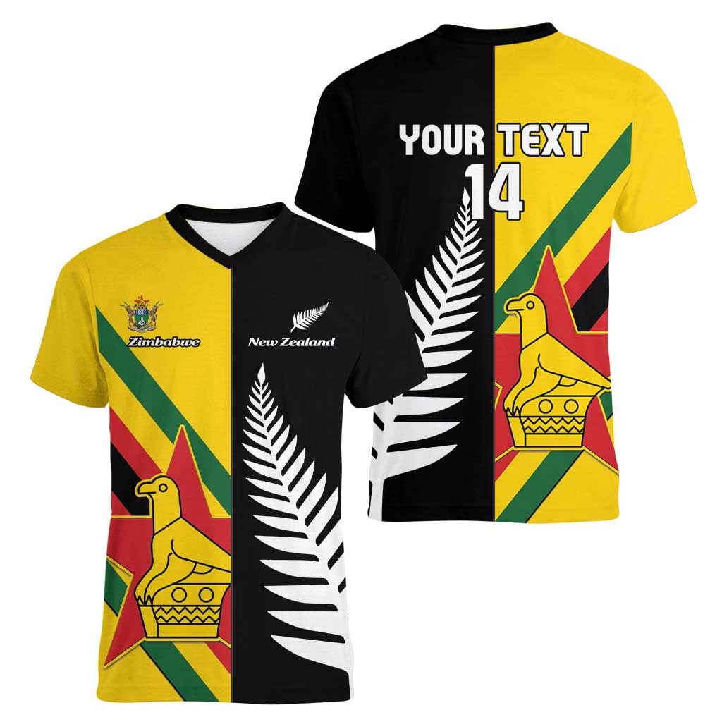 Custom New Zealand and Zimbabwe Women V-Neck T-Shirt NZ Fern Zim Flag Half Style LT14 - Polynesian Pride