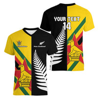 Custom New Zealand and Zimbabwe Women V-Neck T-Shirt NZ Fern Zim Flag Half Style LT14 - Polynesian Pride