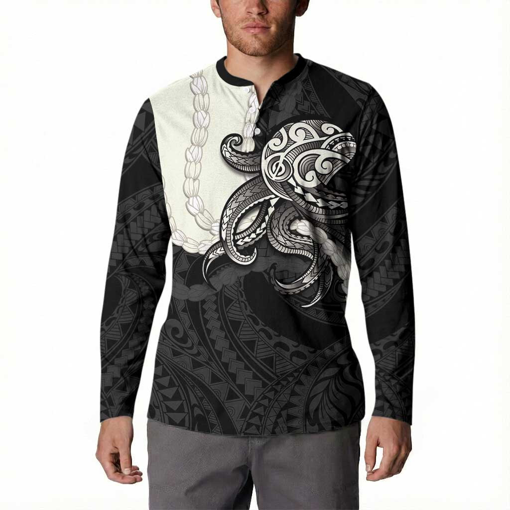 Black Polynesia Tribal Octopus Tattoo Button Sweatshirt Pikake Lei Polynesian Pattern