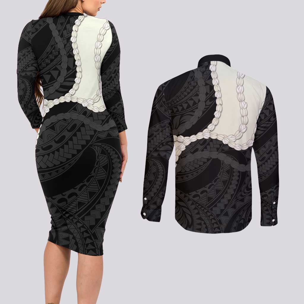 Black Polynesia Tribal Octopus Tattoo Couples Matching Long Sleeve Bodycon Dress and Long Sleeve Button Shirt Pikake Lei Polynesian Pattern