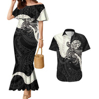 Black Polynesia Tribal Octopus Tattoo Couples Matching Mermaid Dress and Hawaiian Shirt Pikake Lei Polynesian Pattern