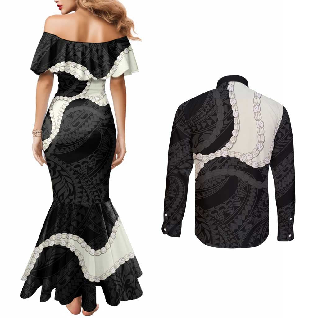 Black Polynesia Tribal Octopus Tattoo Couples Matching Mermaid Dress and Long Sleeve Button Shirt Pikake Lei Polynesian Pattern