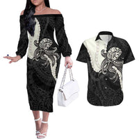 Black Polynesia Tribal Octopus Tattoo Couples Matching Off The Shoulder Long Sleeve Dress and Hawaiian Shirt Pikake Lei Polynesian Pattern