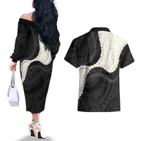 Black Polynesia Tribal Octopus Tattoo Couples Matching Off The Shoulder Long Sleeve Dress and Hawaiian Shirt Pikake Lei Polynesian Pattern