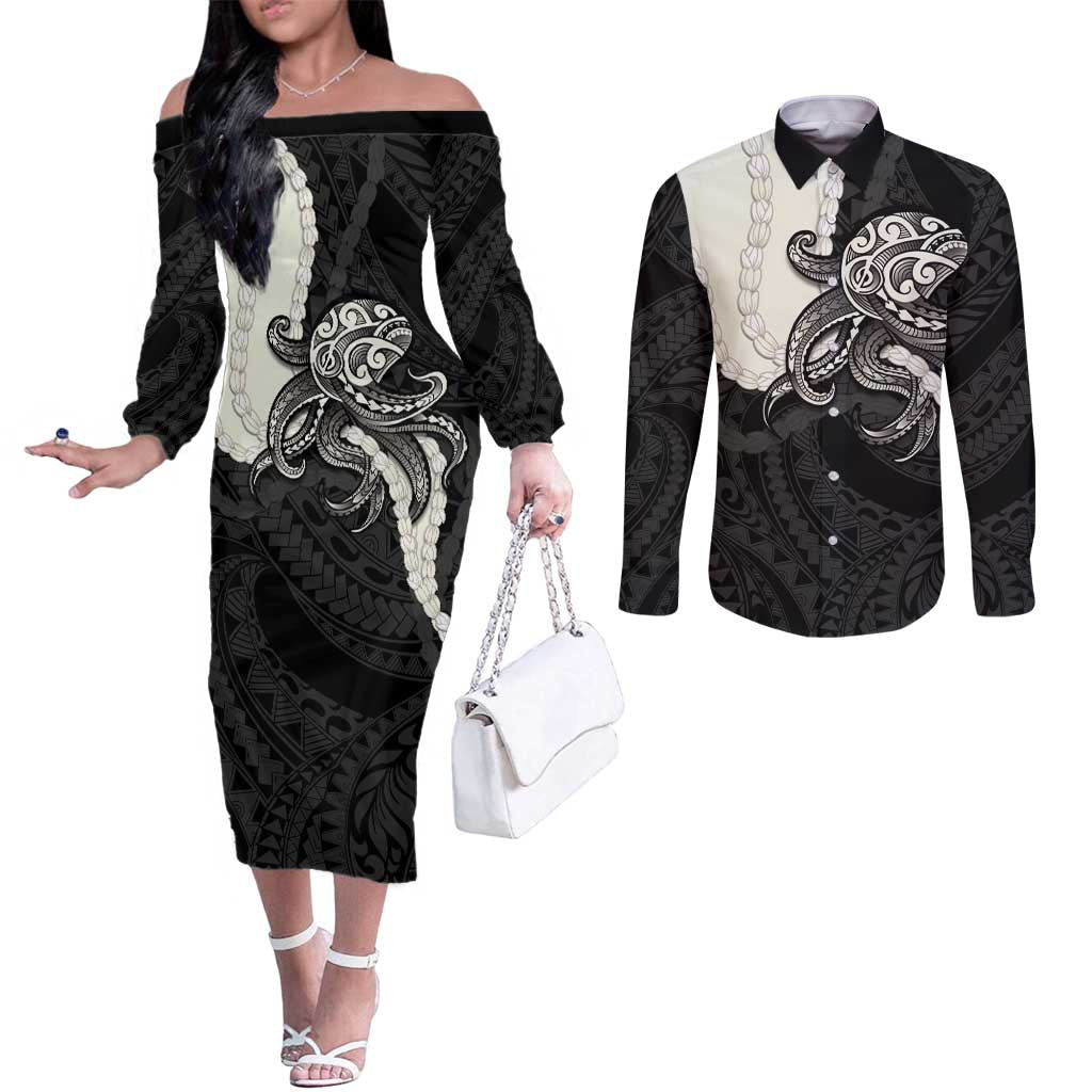Black Polynesia Tribal Octopus Tattoo Couples Matching Off The Shoulder Long Sleeve Dress and Long Sleeve Button Shirt Pikake Lei Polynesian Pattern