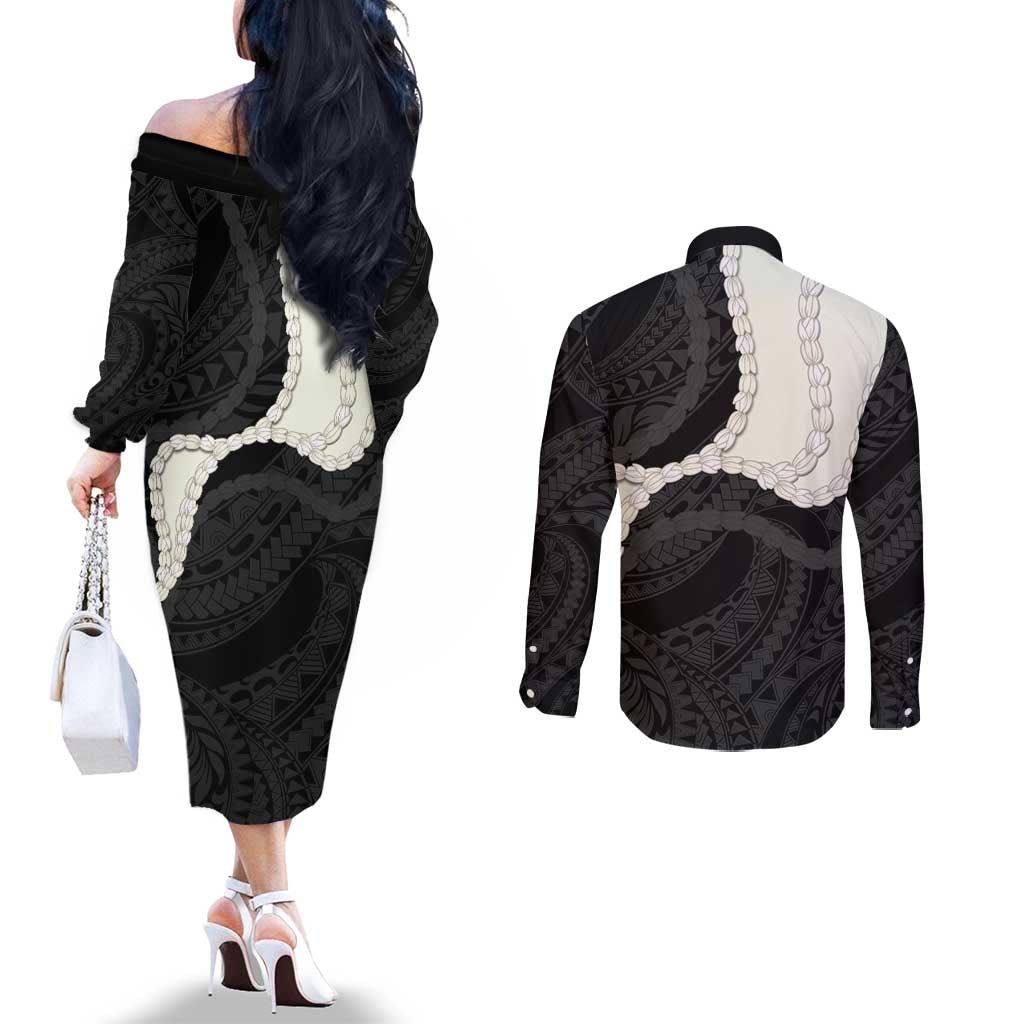 Black Polynesia Tribal Octopus Tattoo Couples Matching Off The Shoulder Long Sleeve Dress and Long Sleeve Button Shirt Pikake Lei Polynesian Pattern