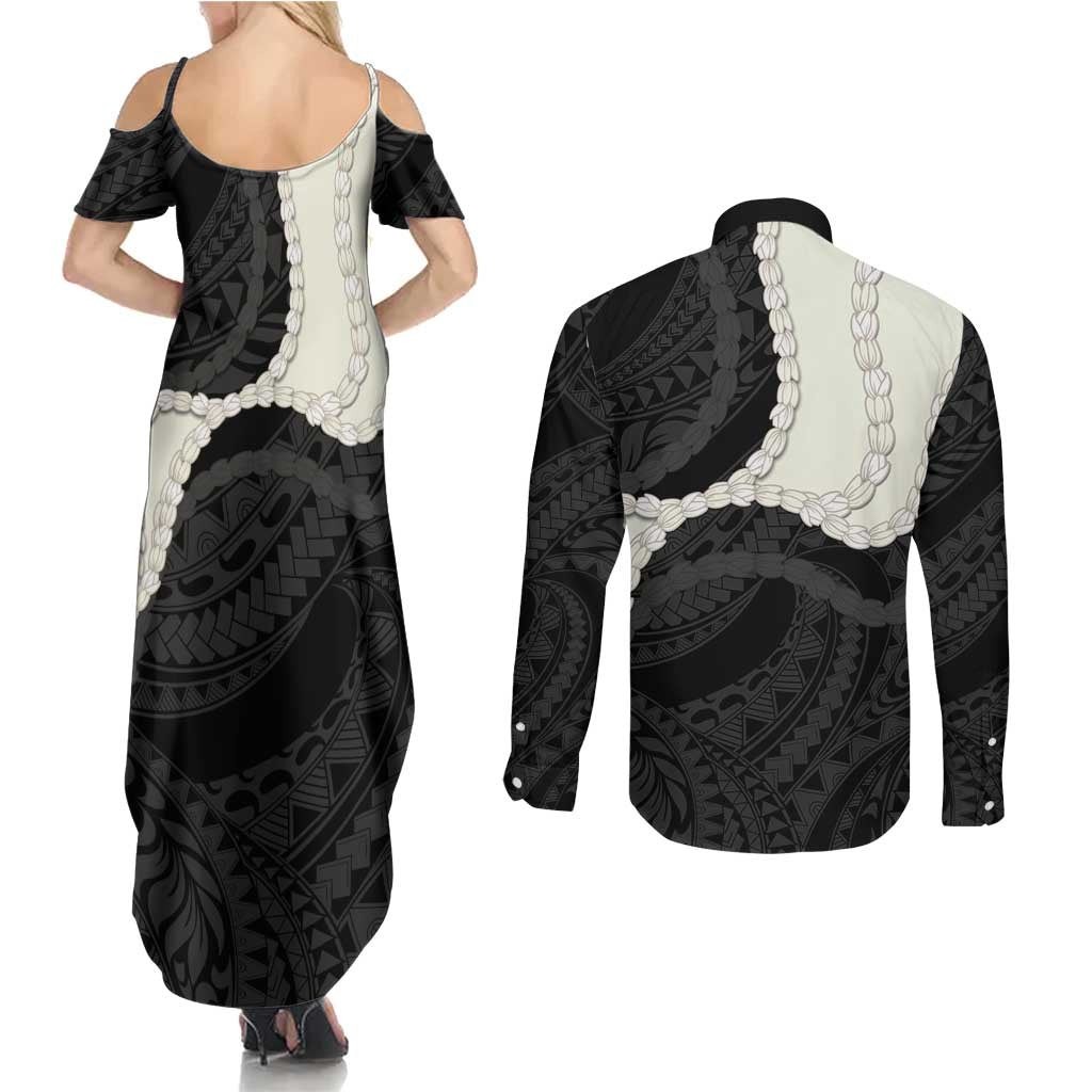 Black Polynesia Tribal Octopus Tattoo Couples Matching Summer Maxi Dress and Long Sleeve Button Shirt Pikake Lei Polynesian Pattern