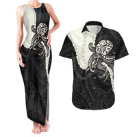 Black Polynesia Tribal Octopus Tattoo Couples Matching Tank Maxi Dress and Hawaiian Shirt Pikake Lei Polynesian Pattern