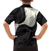 Black Polynesia Tribal Octopus Tattoo Family Matching Off The Shoulder Long Sleeve Dress and Hawaiian Shirt Pikake Lei Polynesian Pattern