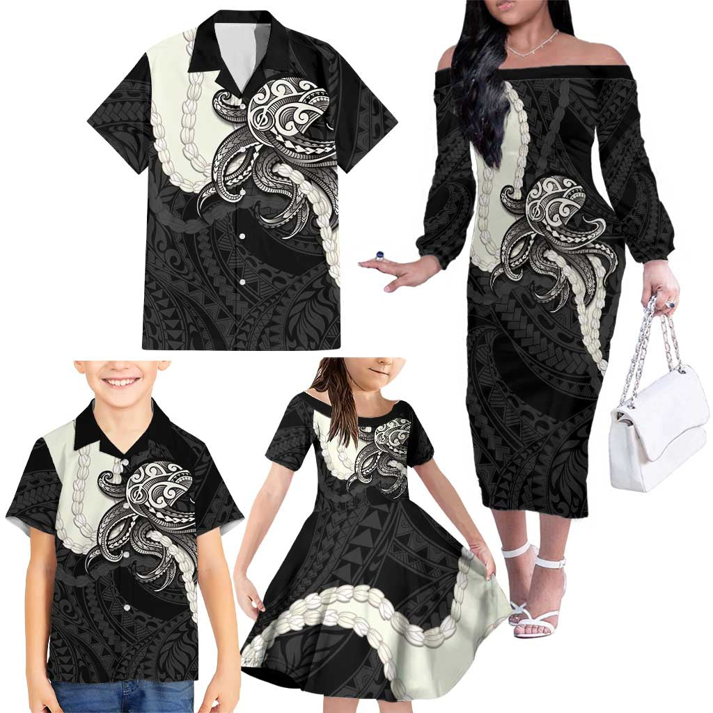 Black Polynesia Tribal Octopus Tattoo Family Matching Off The Shoulder Long Sleeve Dress and Hawaiian Shirt Pikake Lei Polynesian Pattern