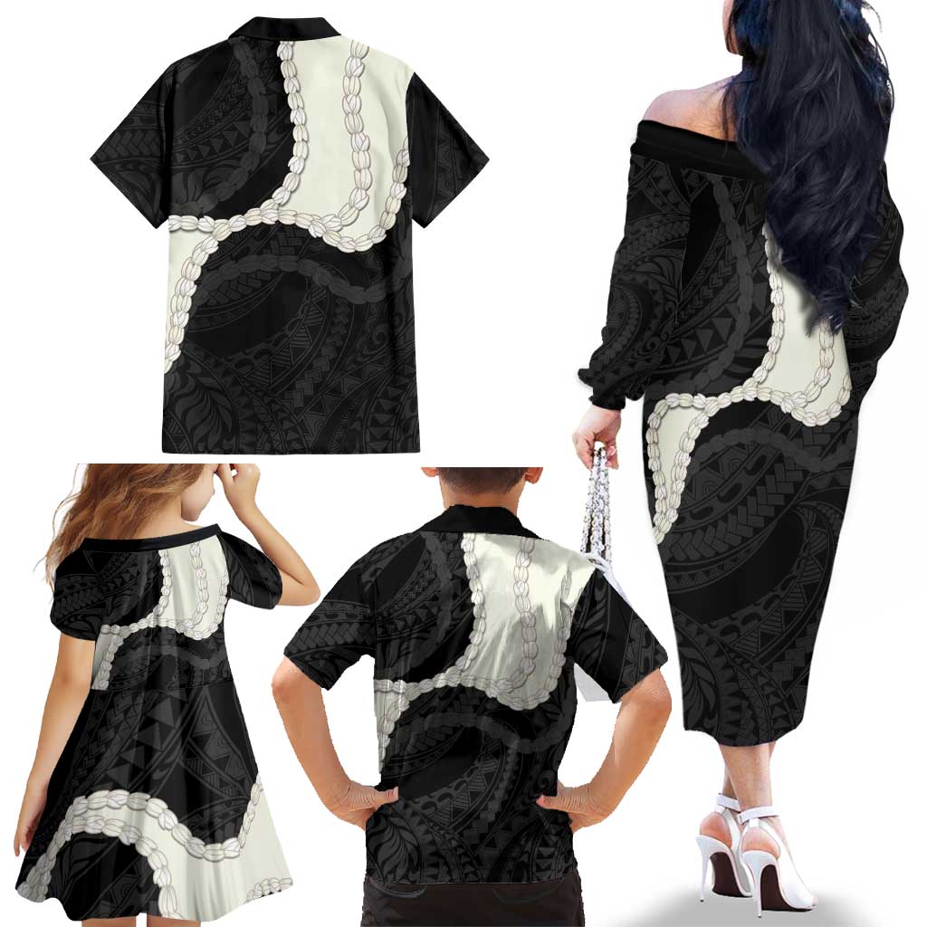 Black Polynesia Tribal Octopus Tattoo Family Matching Off The Shoulder Long Sleeve Dress and Hawaiian Shirt Pikake Lei Polynesian Pattern