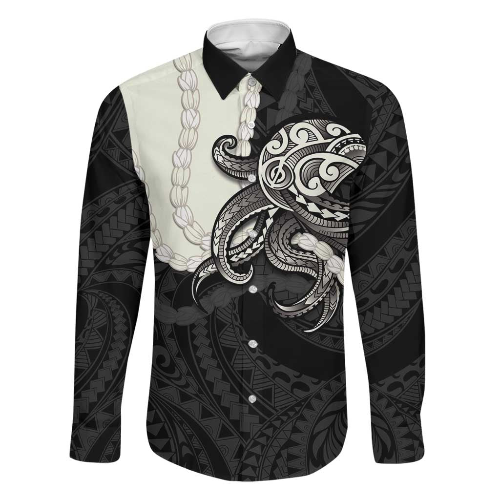Black Polynesia Tribal Octopus Tattoo Family Matching Off The Shoulder Long Sleeve Dress and Hawaiian Shirt Pikake Lei Polynesian Pattern