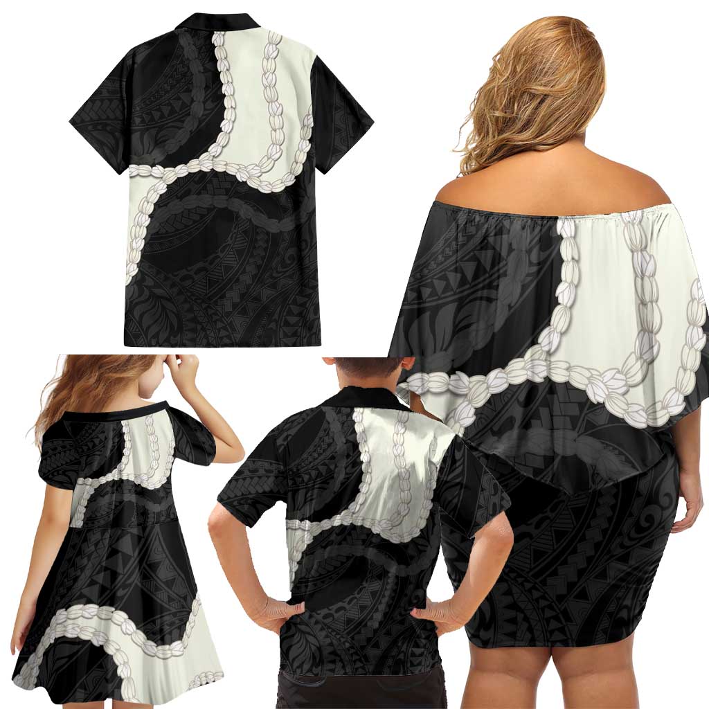 Black Polynesia Tribal Octopus Tattoo Family Matching Off Shoulder Short Dress and Hawaiian Shirt Pikake Lei Polynesian Pattern