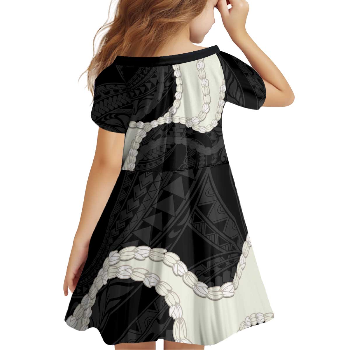 Black Polynesia Tribal Octopus Tattoo Kid Short Sleeve Dress Pikake Lei Polynesian Pattern