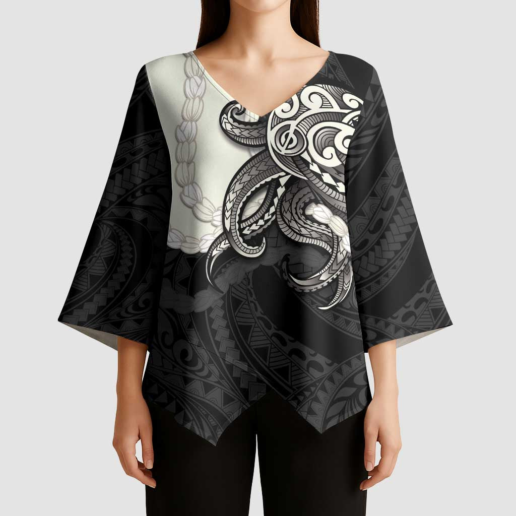 Black Polynesia Tribal Octopus Tattoo Kimono Sleeve Blouse Pikake Lei Polynesian Pattern