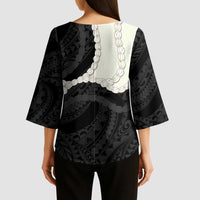 Black Polynesia Tribal Octopus Tattoo Kimono Sleeve Blouse Pikake Lei Polynesian Pattern