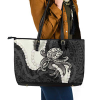 Black Polynesia Tribal Octopus Tattoo Leather Tote Bag Pikake Lei Polynesian Pattern