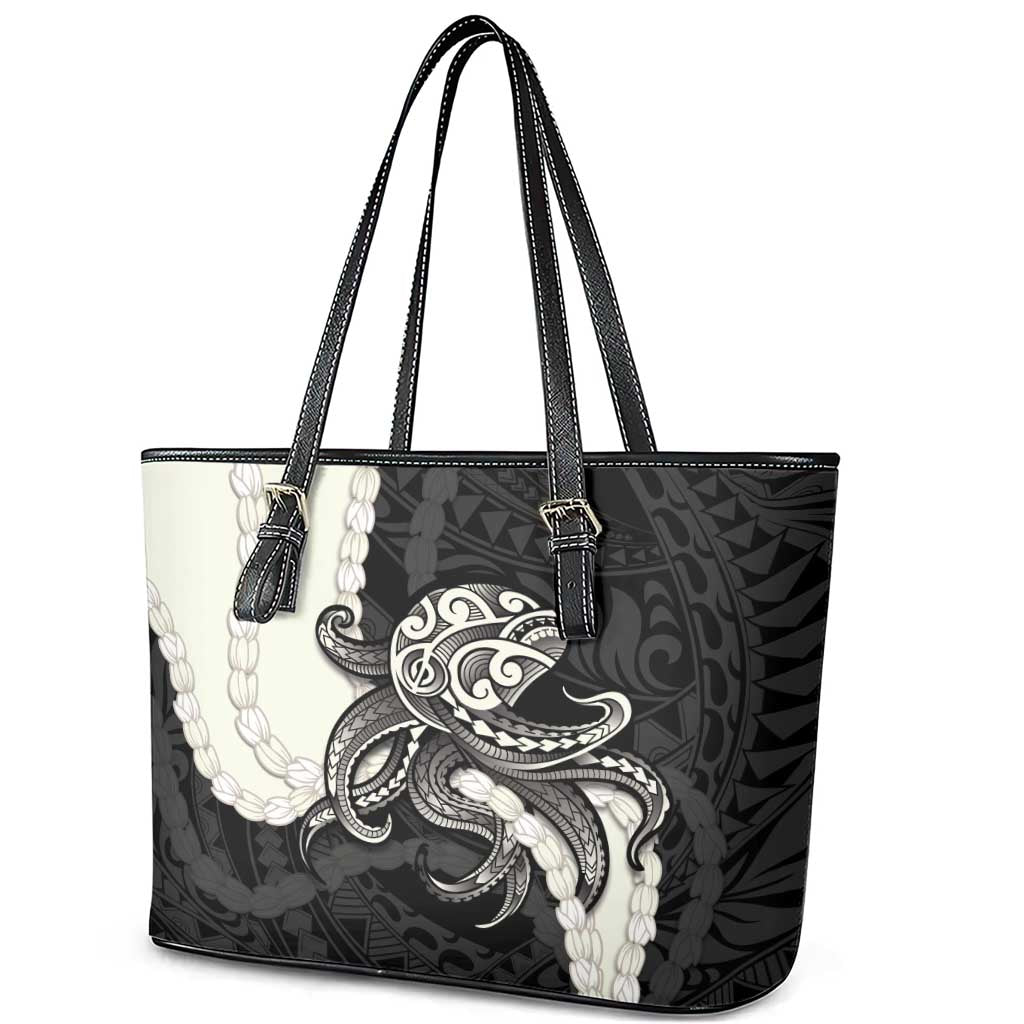 Black Polynesia Tribal Octopus Tattoo Leather Tote Bag Pikake Lei Polynesian Pattern