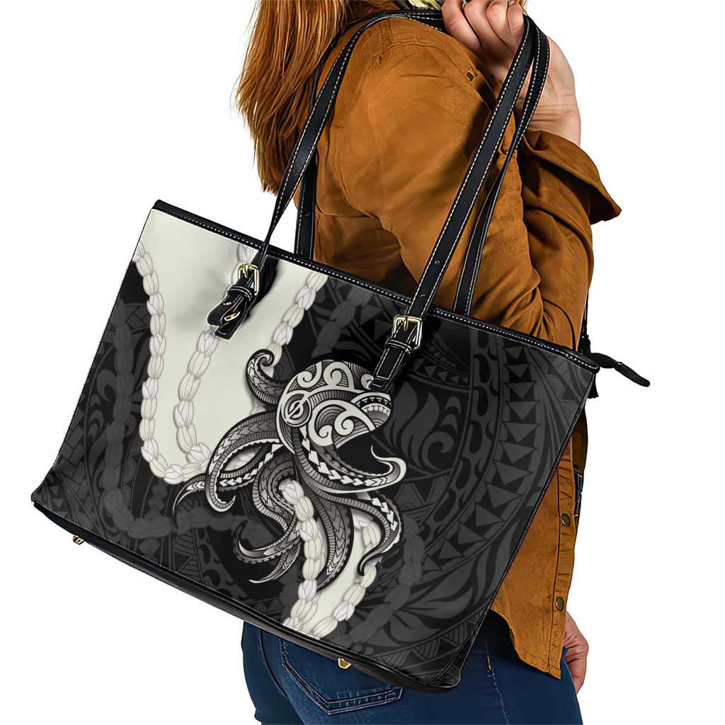 Black Polynesia Tribal Octopus Tattoo Leather Tote Bag Pikake Lei Polynesian Pattern