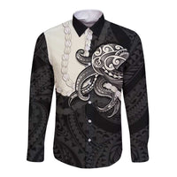 Black Polynesia Tribal Octopus Tattoo Long Sleeve Button Shirt Pikake Lei Polynesian Pattern